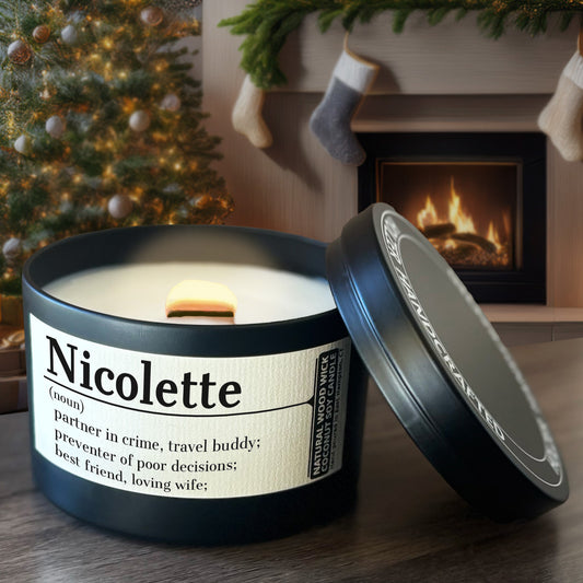 Personalized Wood Wick Candle - Custom Name, Noun, Definition Keepsake, Coconut Soy Wax, 8oz Tin