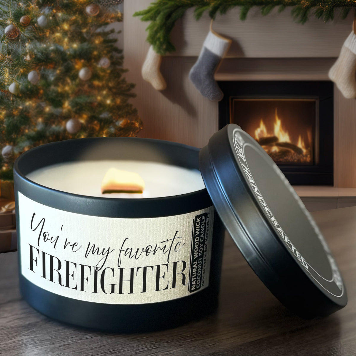 My Favorite Firefighter Custom Wood Wick Candle, Coconut Soy Wax, 8oz Tin