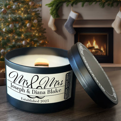 Personalized Wood Wick Candle - Custom Mr & Mrs Wedding Keepsake, Coconut Soy Wax, 6oz