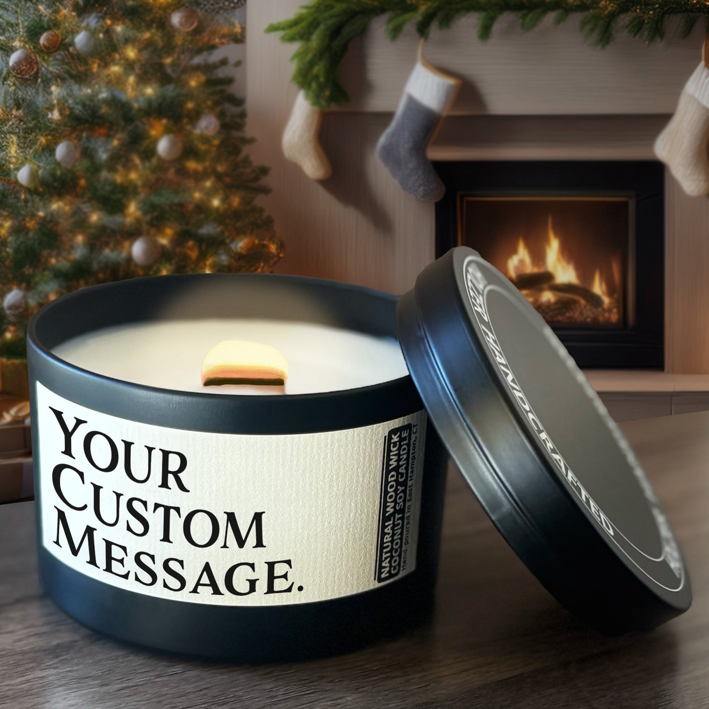 Personalized Wood Wick Candle - Your Custom Text Keepsake, Coconut Soy Wax, 6oz