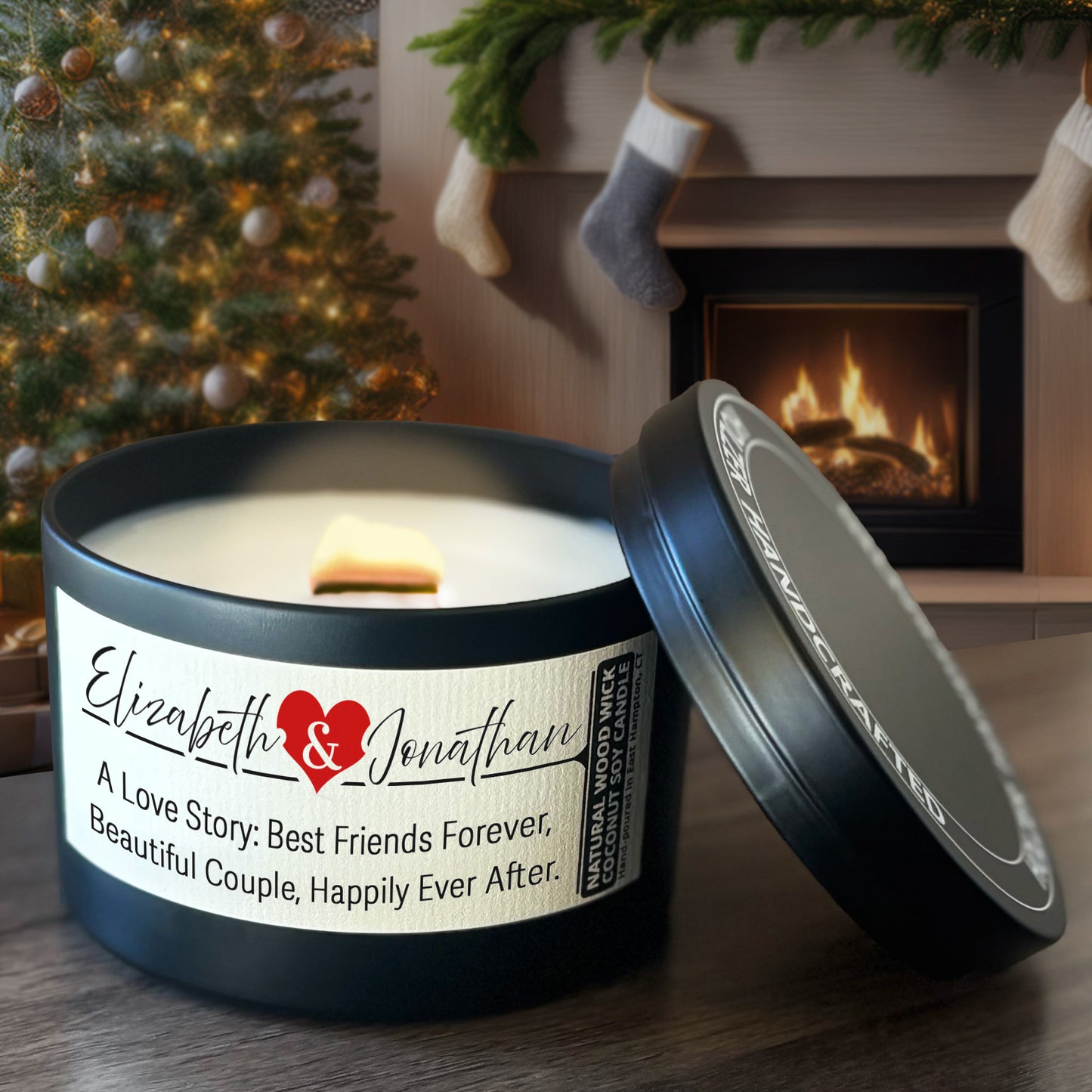 Personalized Wood Wick Candle - Custom Couples Keepsake, Coconut Soy Wax, 6oz