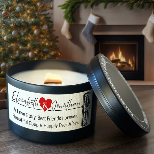 Personalized Wood Wick Candle - Custom Couples Keepsake, Coconut Soy Wax, 6oz