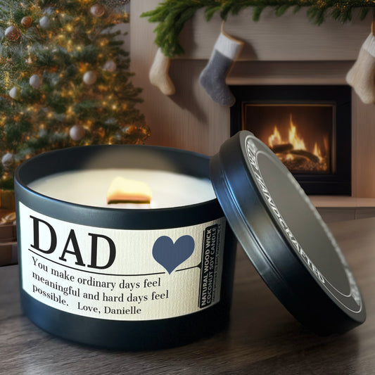 Personalized Wood Wick Candle - Custom Dad, Grandpa, Special Guy Keepsake, Coconut Soy Wax, 8oz Tin