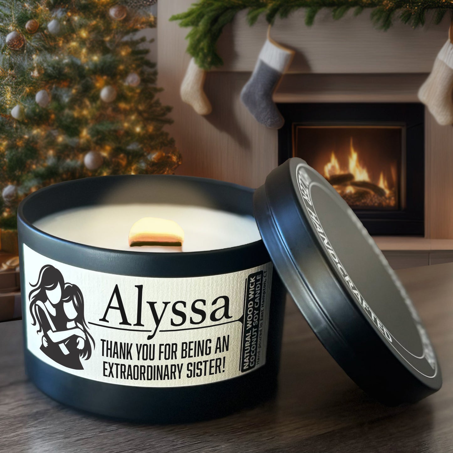 Personalized Wood Wick Candle - Custom Best Sister Keepsake, Coconut Soy Wax, 6oz