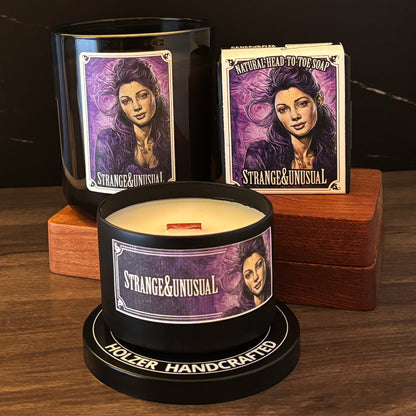 STRANGE & UNUSUAL - Black Rose + Plum + Vanilla Scented Wood Wick Candle - Cinematic Legends