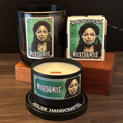 WICKED & WISE - Lemon + Lilac Leaves + Juniper Scented Wood Wick Candle - Cinematic Legends