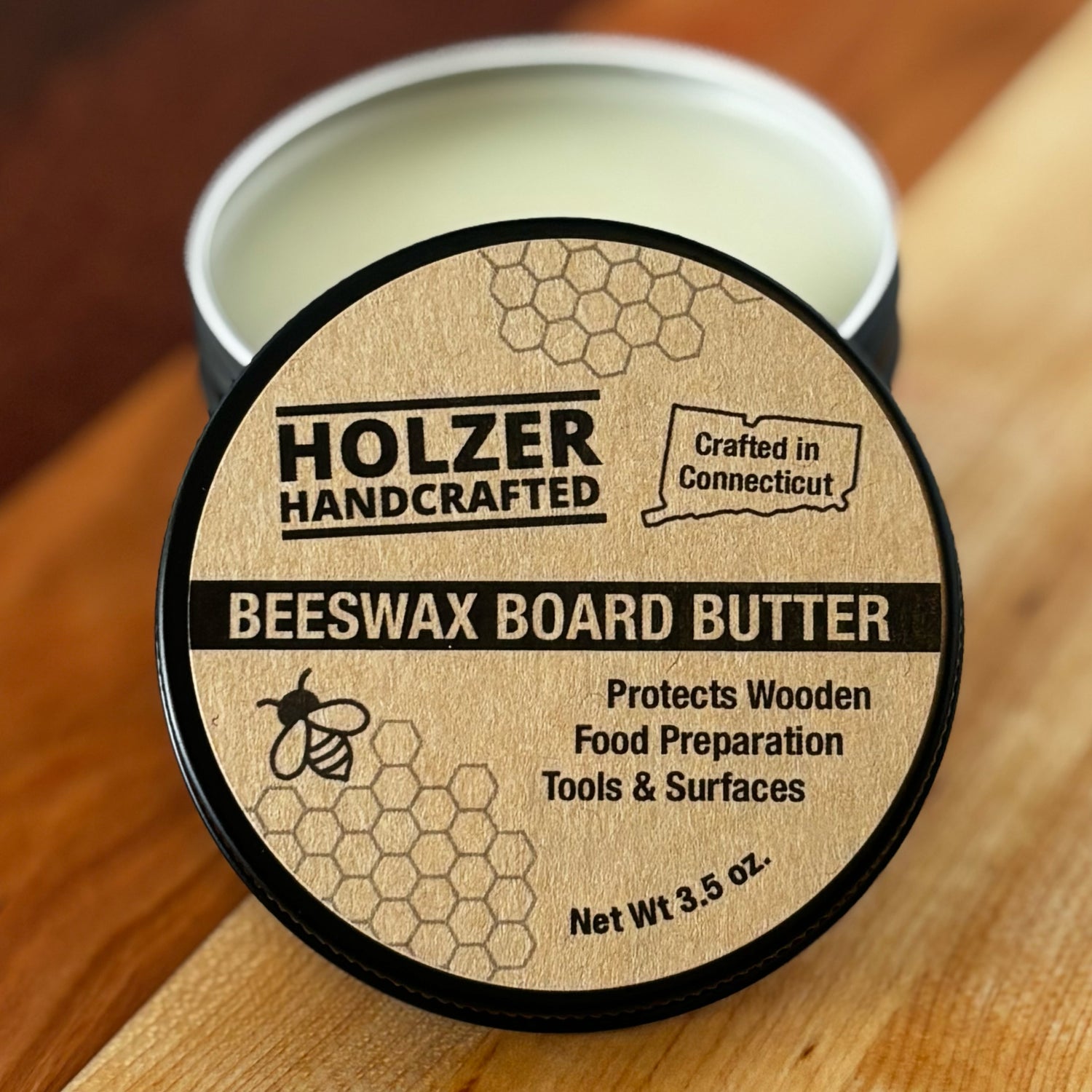 Handcrafted Beeswax Board Butter for Food-Contact Wood Surfaces - 3.5 oz net weight in reusable tin