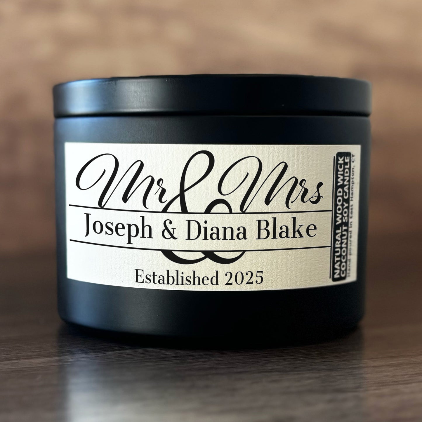 Personalized Wood Wick Candle - Custom Mr & Mrs Wedding Keepsake, Coconut Soy Wax, 6oz