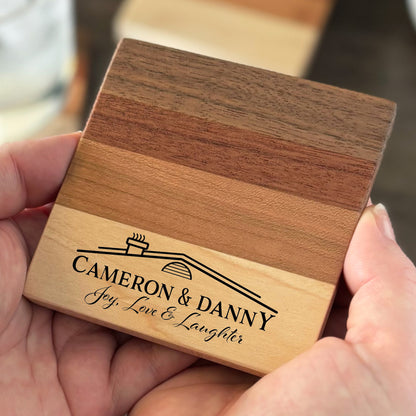 Personalized Housewarming Coasters, Natural Hardwoods, Set of 4