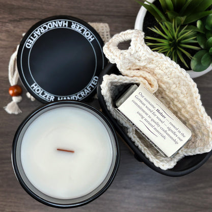 Woodland Lodge - Brandy + Leather + Oak Scented Wood Wick Candle, Luxury Glass Vessel with Lid