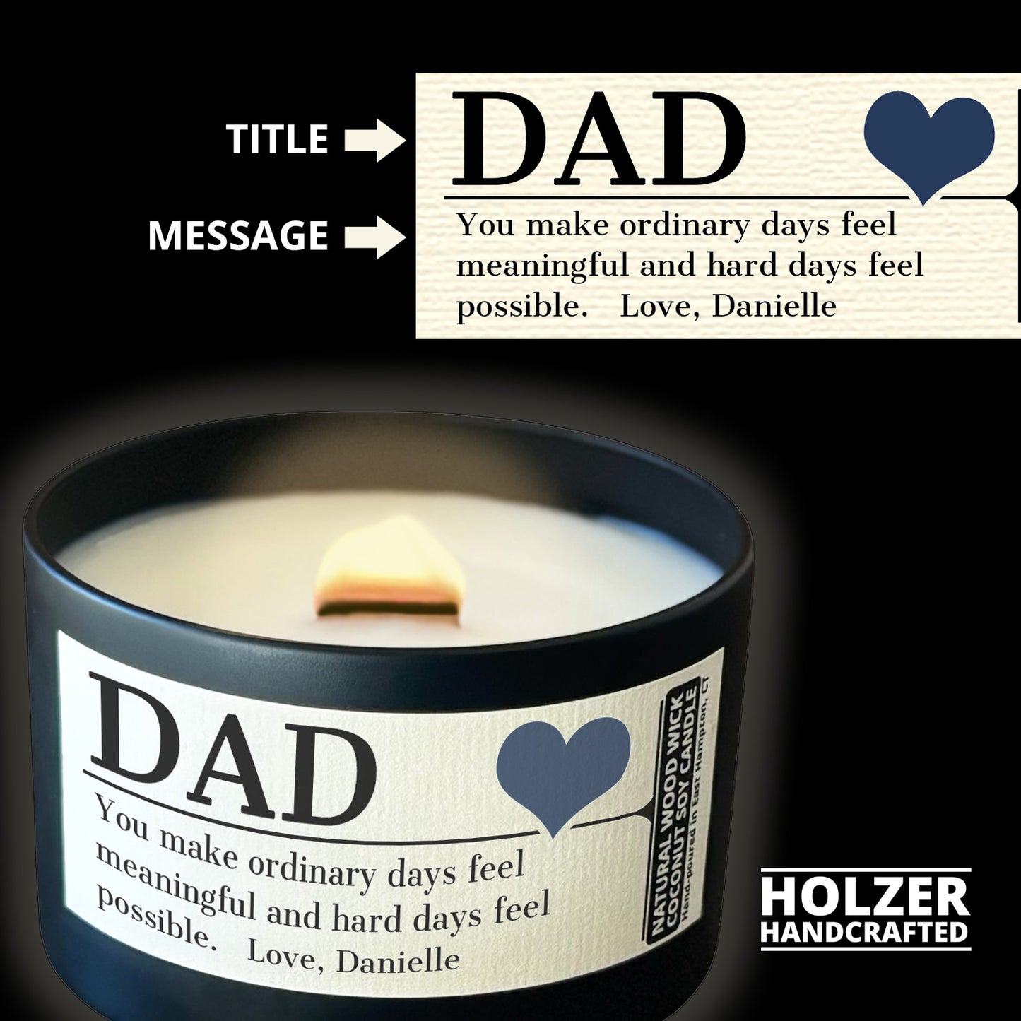 Personalized Wood Wick Candle - Custom Dad, Grandpa, Special Guy Keepsake, Coconut Soy Wax, 6oz