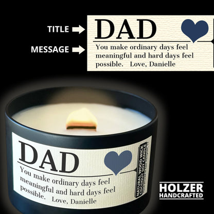 Personalized Wood Wick Candle - Custom Dad, Grandpa, Special Guy Keepsake, Coconut Soy Wax, 6oz