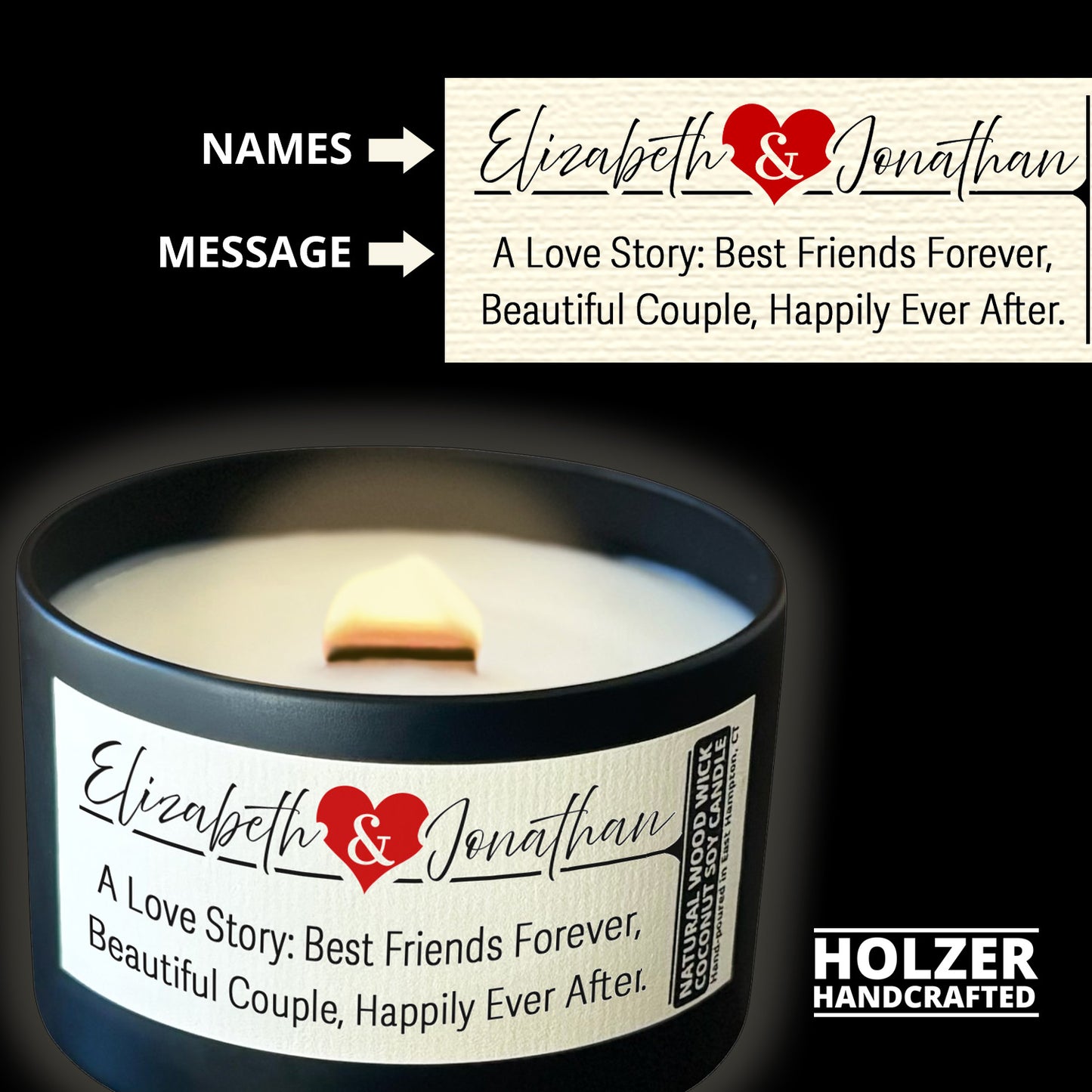 Personalized Wood Wick Candle - Custom Couples Keepsake, Coconut Soy Wax, 6oz