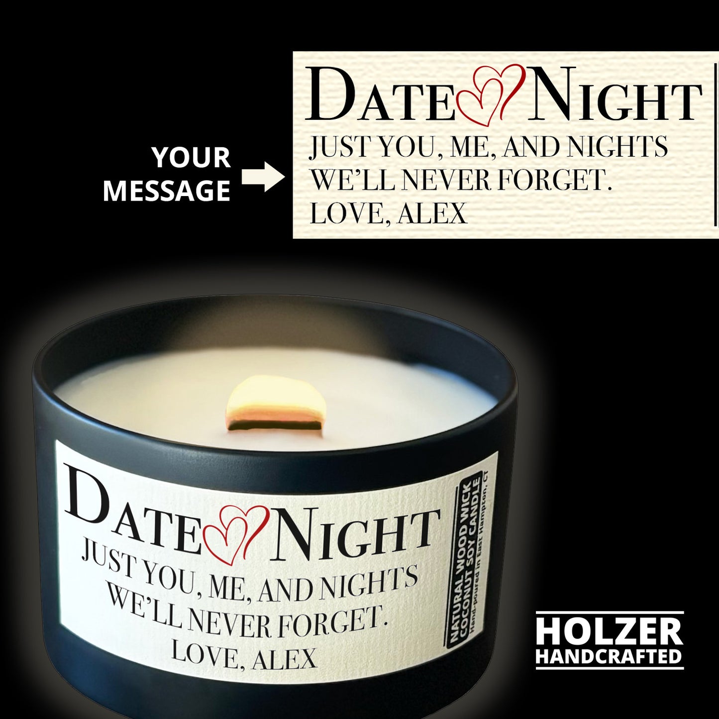 Personalized Wood Wick Candle - Couples Date Night Keepsake, Coconut Soy Wax, 6oz