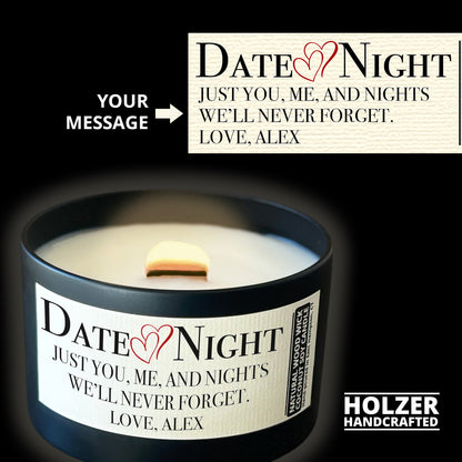Personalized Wood Wick Candle - Couples Date Night Keepsake, Coconut Soy Wax, 6oz