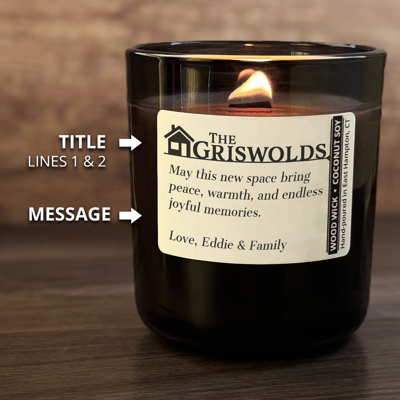 Personalized Wood Wick Candle - Custom Housewarming Keepsake - 12oz Glass Vessel with Lid