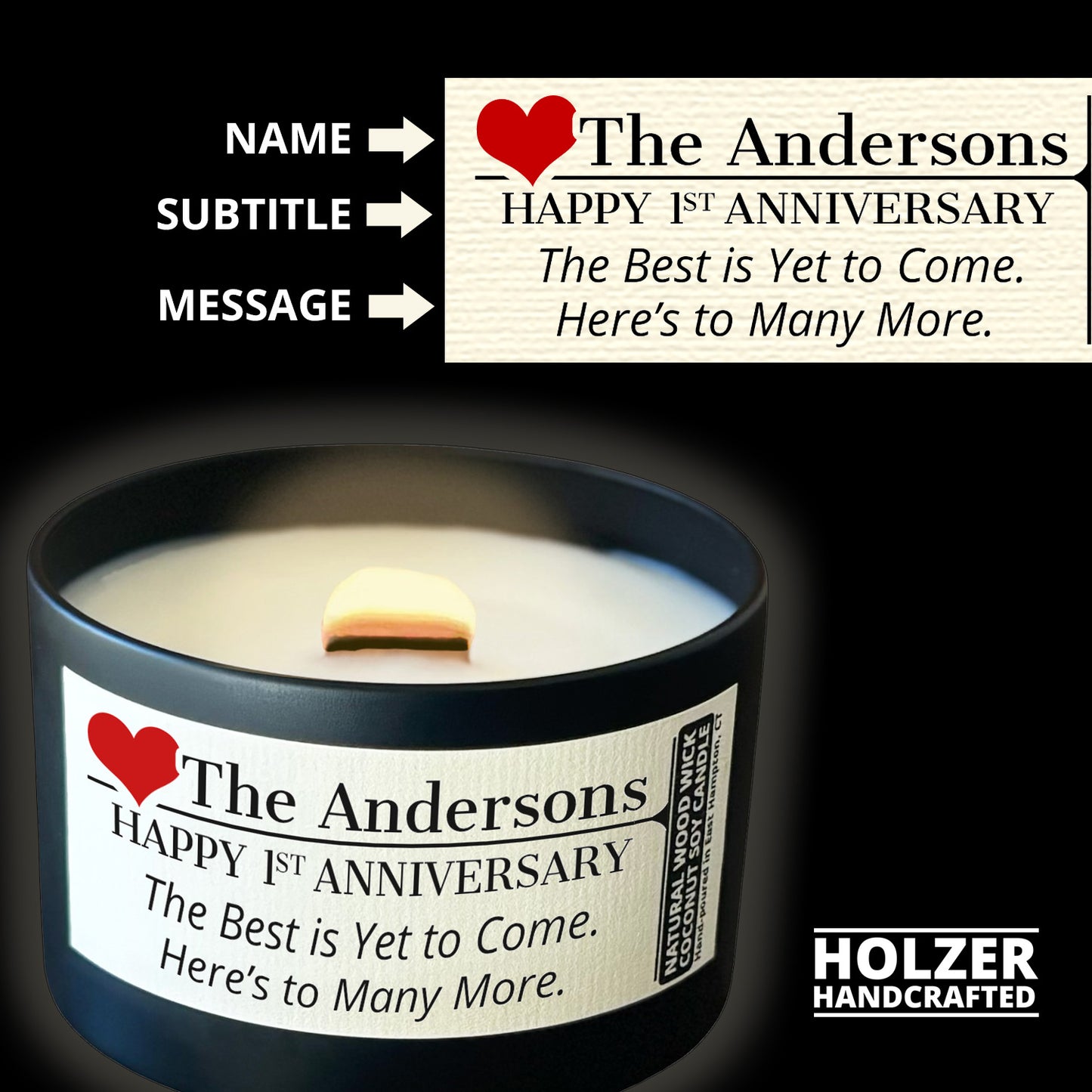 Personalized Wood Wick Candle - Custom Couples Anniversary Keepsake, Coconut Soy Wax, 6oz