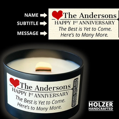 Personalized Wood Wick Candle - Custom Couples Anniversary Keepsake, Coconut Soy Wax, 6oz