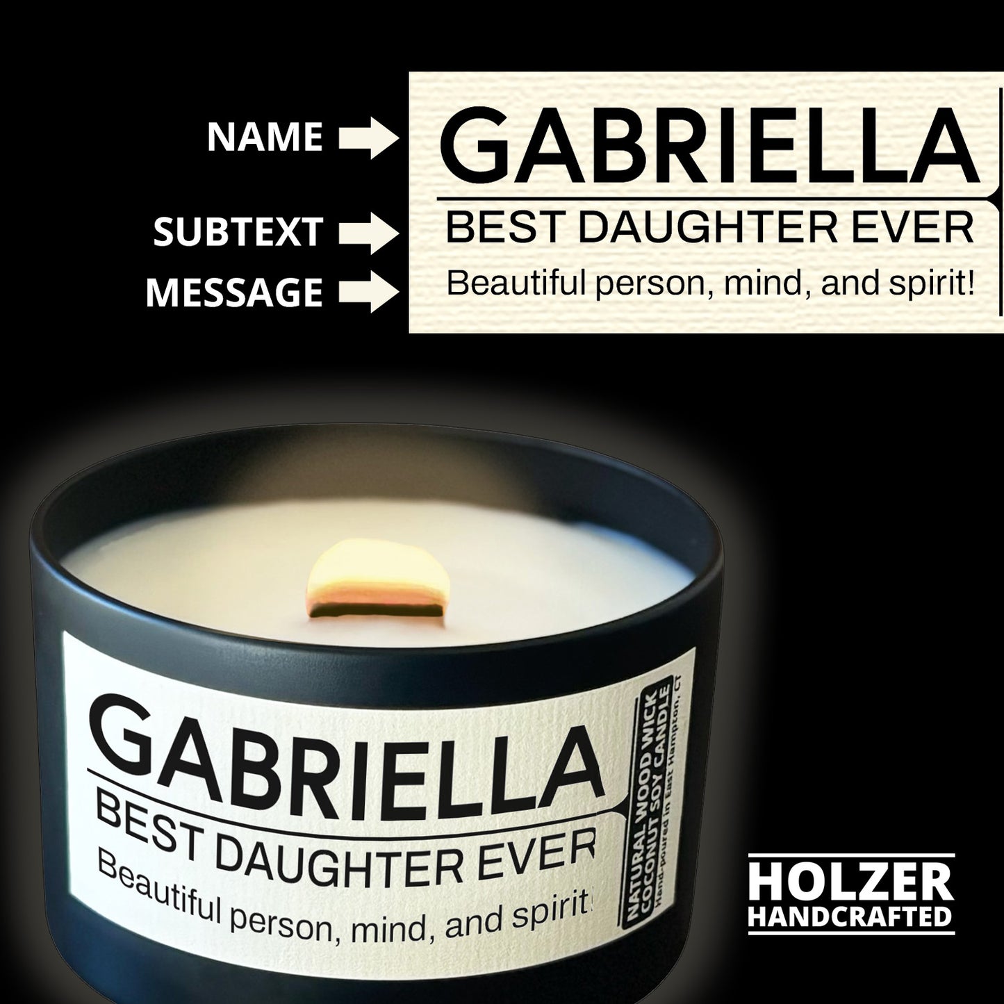 Personalized Wood Wick Candle - Custom Best Daughter Keepsake, Coconut Soy Wax, 6oz