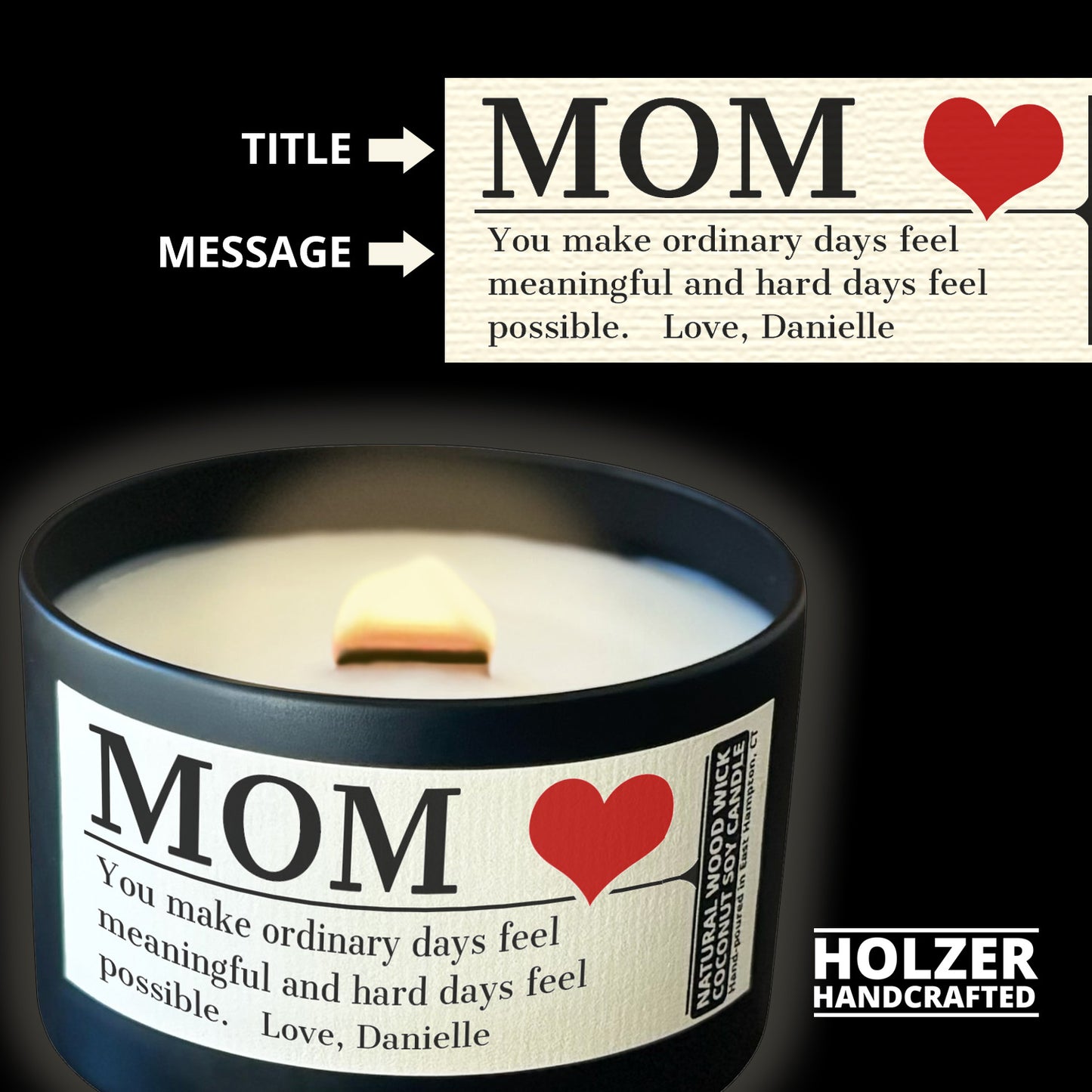 Personalized Wood Wick Candle - Custom Mom, Grandma Keepsake, Coconut Soy Wax, 6oz