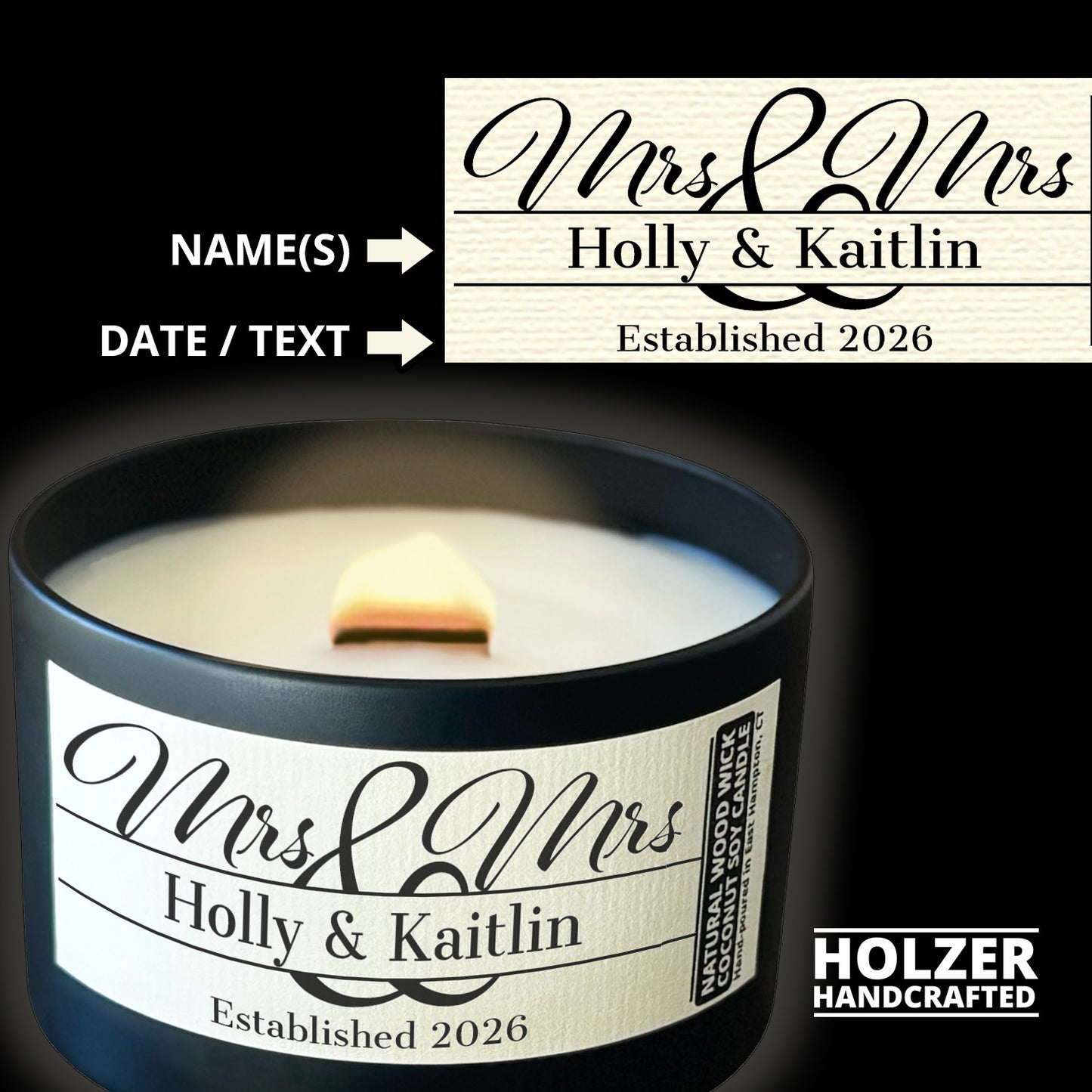Personalized Wood Wick Candle - Custom Mrs & Mrs Wedding Keepsake, Coconut Soy Wax, 6oz