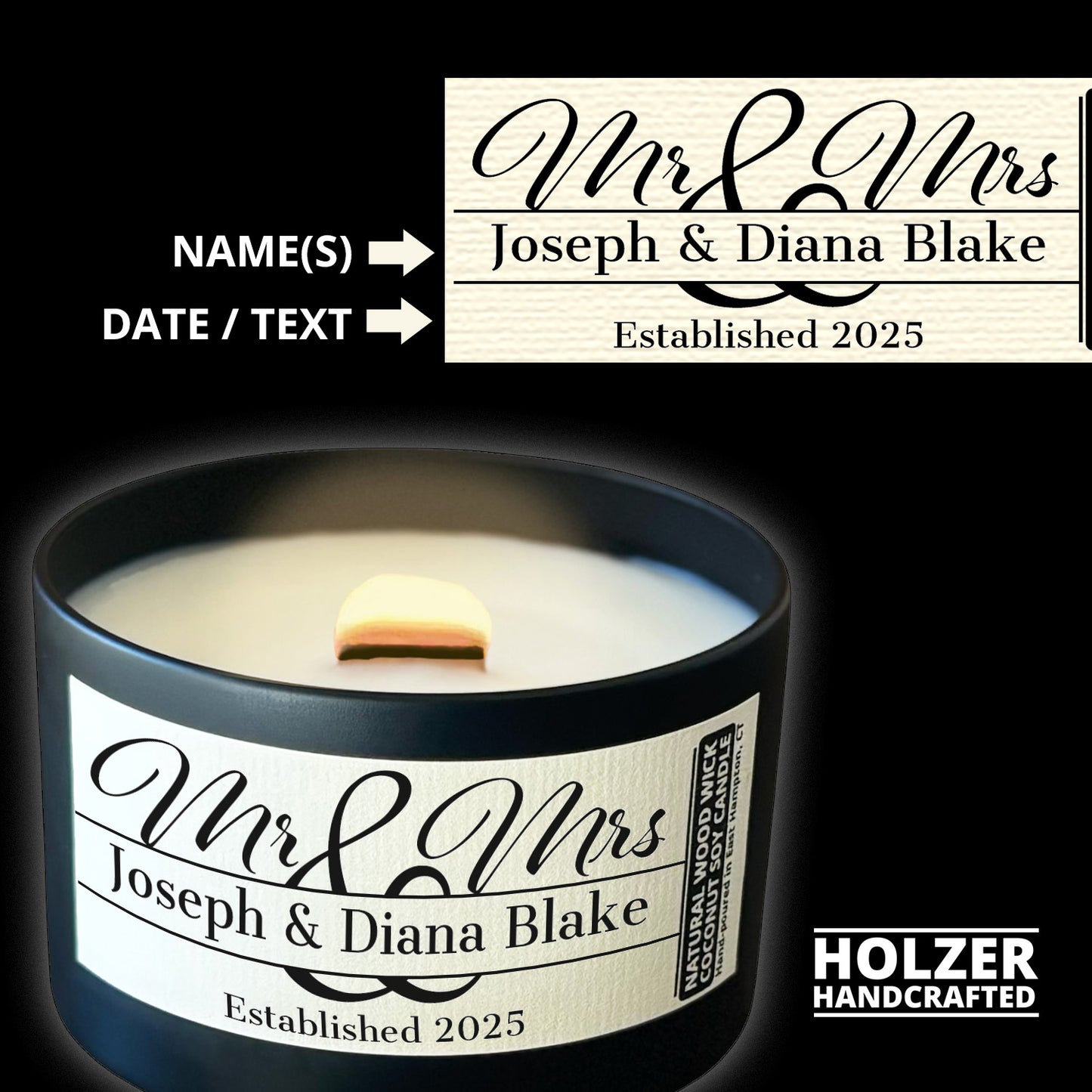 Personalized Wood Wick Candle - Custom Mr & Mrs Wedding Keepsake, Coconut Soy Wax, 6oz
