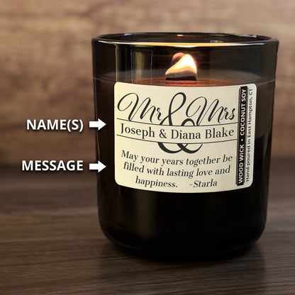 Personalized Wood Wick Candle - Custom Mr & Mrs Wedding Keepsake - 12oz Glass Vessel with Lid