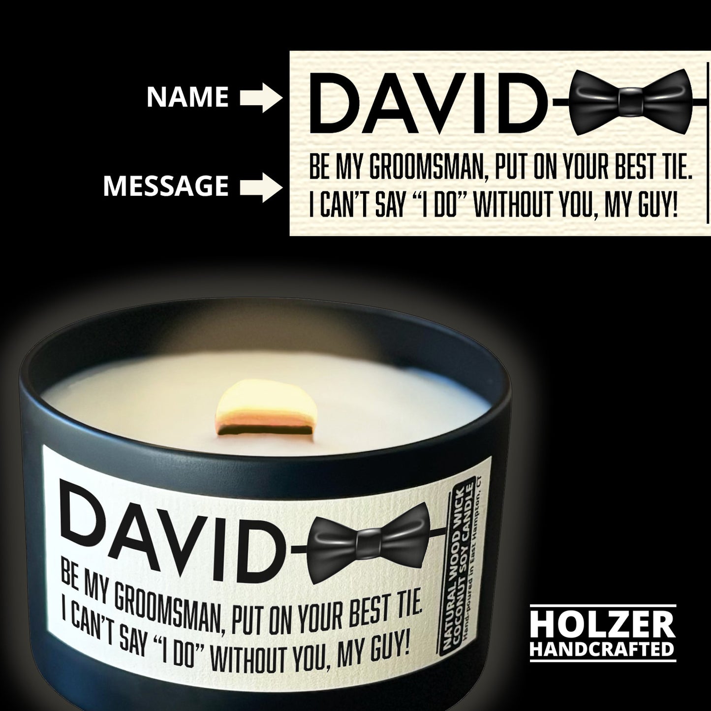 Personalized Wood Wick Candle - Custom Groomsman, Best Man Keepsake, Coconut Soy Wax, 6oz