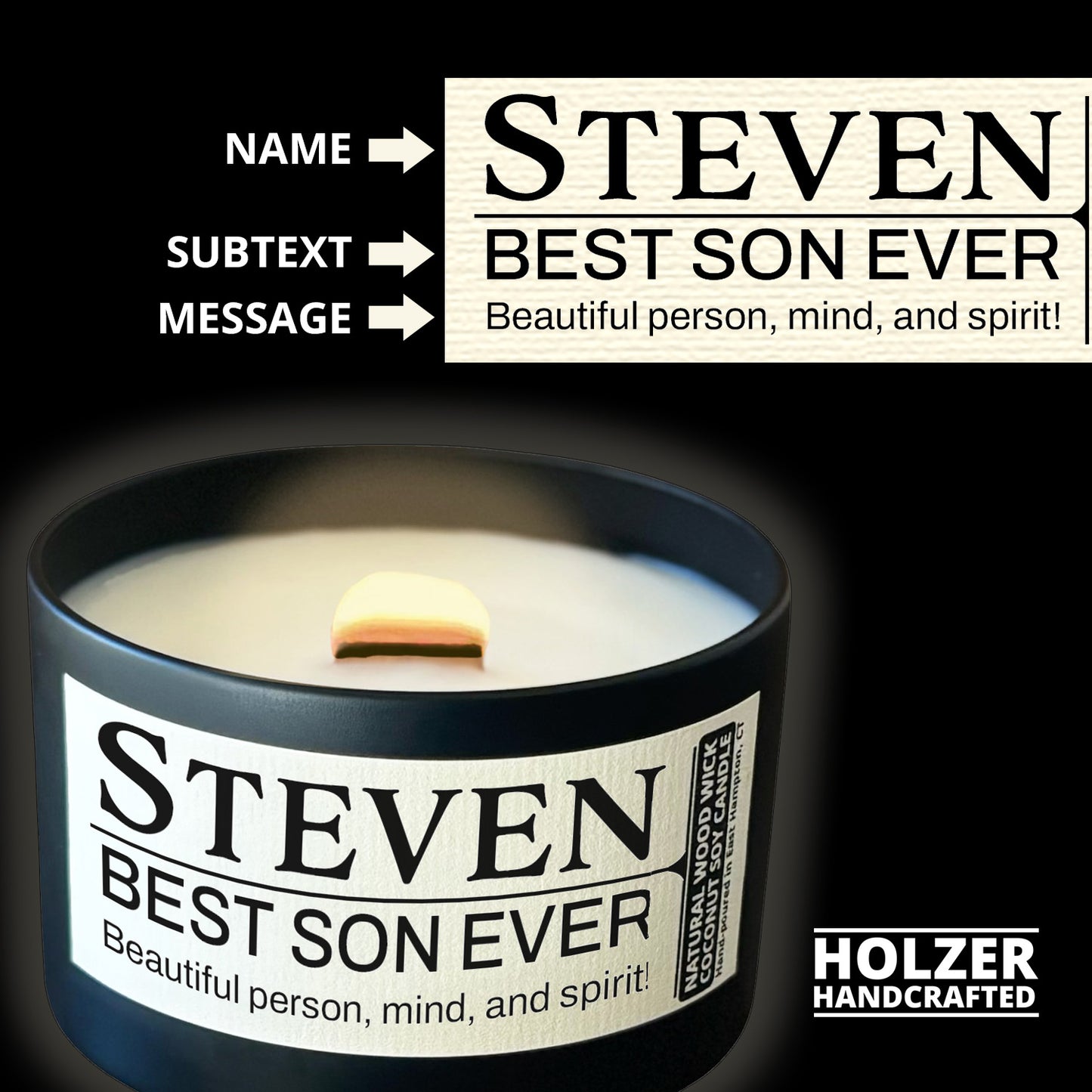 Personalized Wood Wick Candle - Custom Best Son Keepsake, Coconut Soy Wax, 6oz