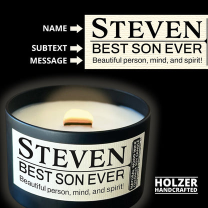 Personalized Wood Wick Candle - Custom Best Son Keepsake, Coconut Soy Wax, 6oz