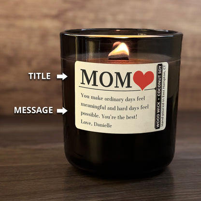 Personalized Wood Wick Candle - Custom Mom, Grandma Keepsake - 12oz Glass Vessel with Lid