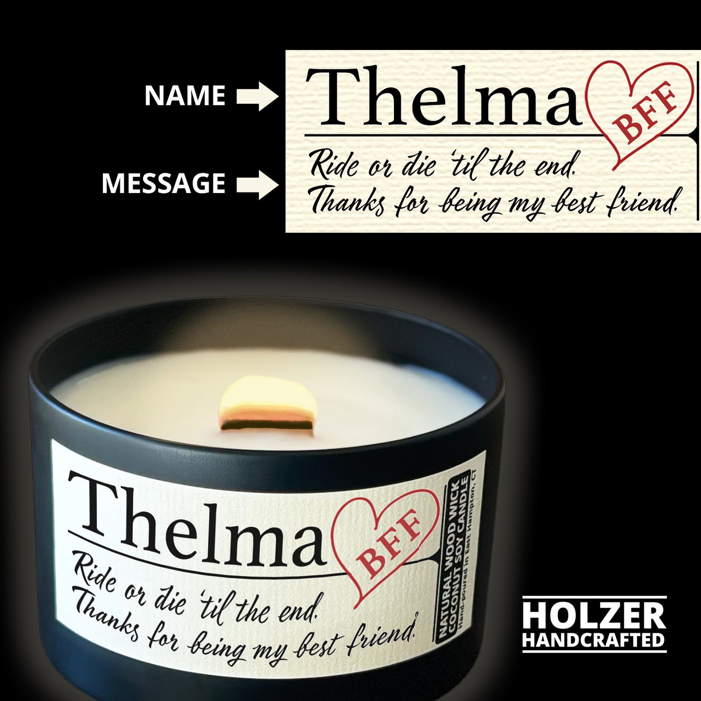 Personalized Wood Wick Candle - Custom Best Friend Keepsake, Coconut Soy Wax, 6oz