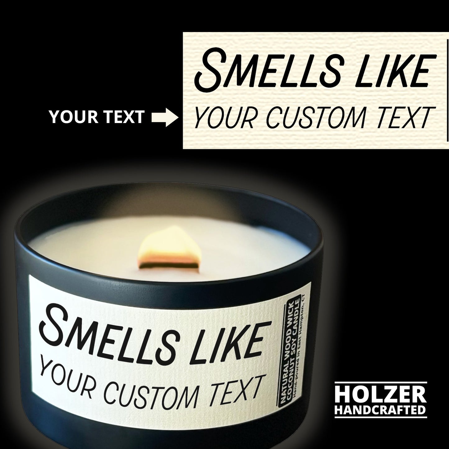 Personalized Wood Wick Candle - Custom Smells Like Keepsake, Coconut Soy Wax, 6oz