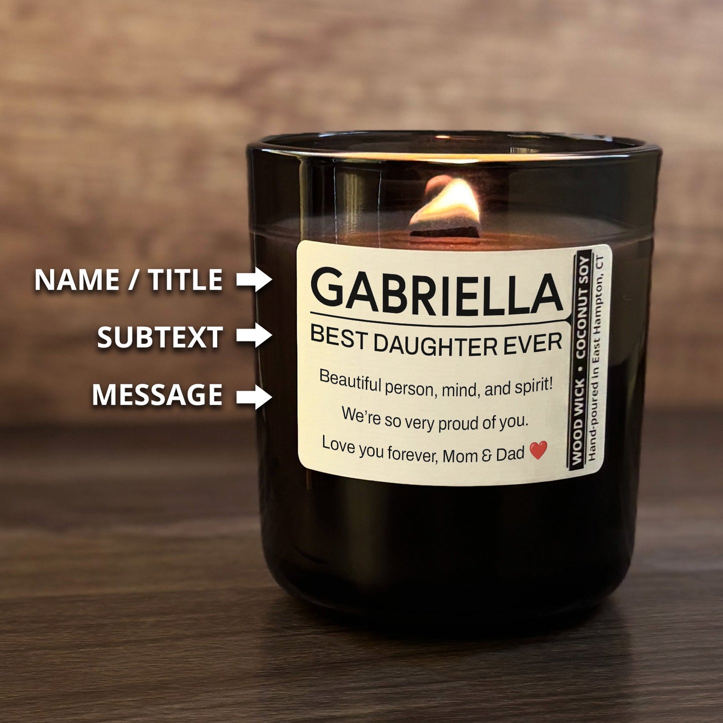Personalized Wood Wick Candle - Custom Best Daughter Keepsake - 12oz Glass Vessel with Lid