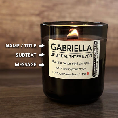 Personalized Wood Wick Candle - Custom Best Daughter Keepsake - 12oz Glass Vessel with Lid