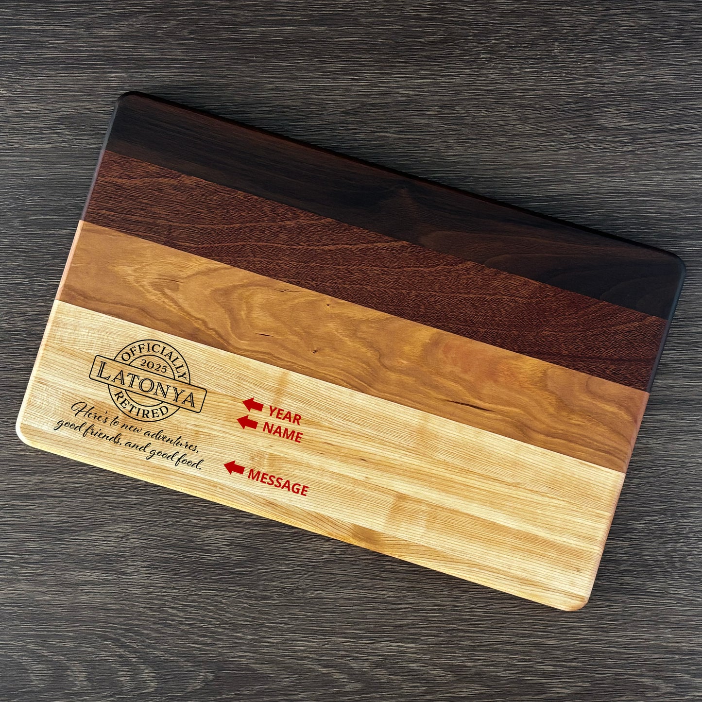 Personalized Retirement Cutting Board, Reversible, Custom Engraved Gift, 16x10