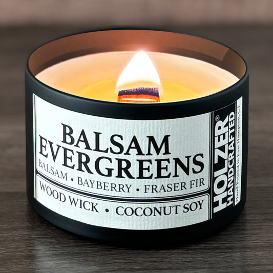 Balsam Evergreens - Balsam + Bayberry + Fraser Fir Scented Wood Wick Candle, 8oz Tin