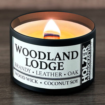Woodland Lodge - Brandy + Leather + Oak Scented Wood Wick Candle, 8oz Tin