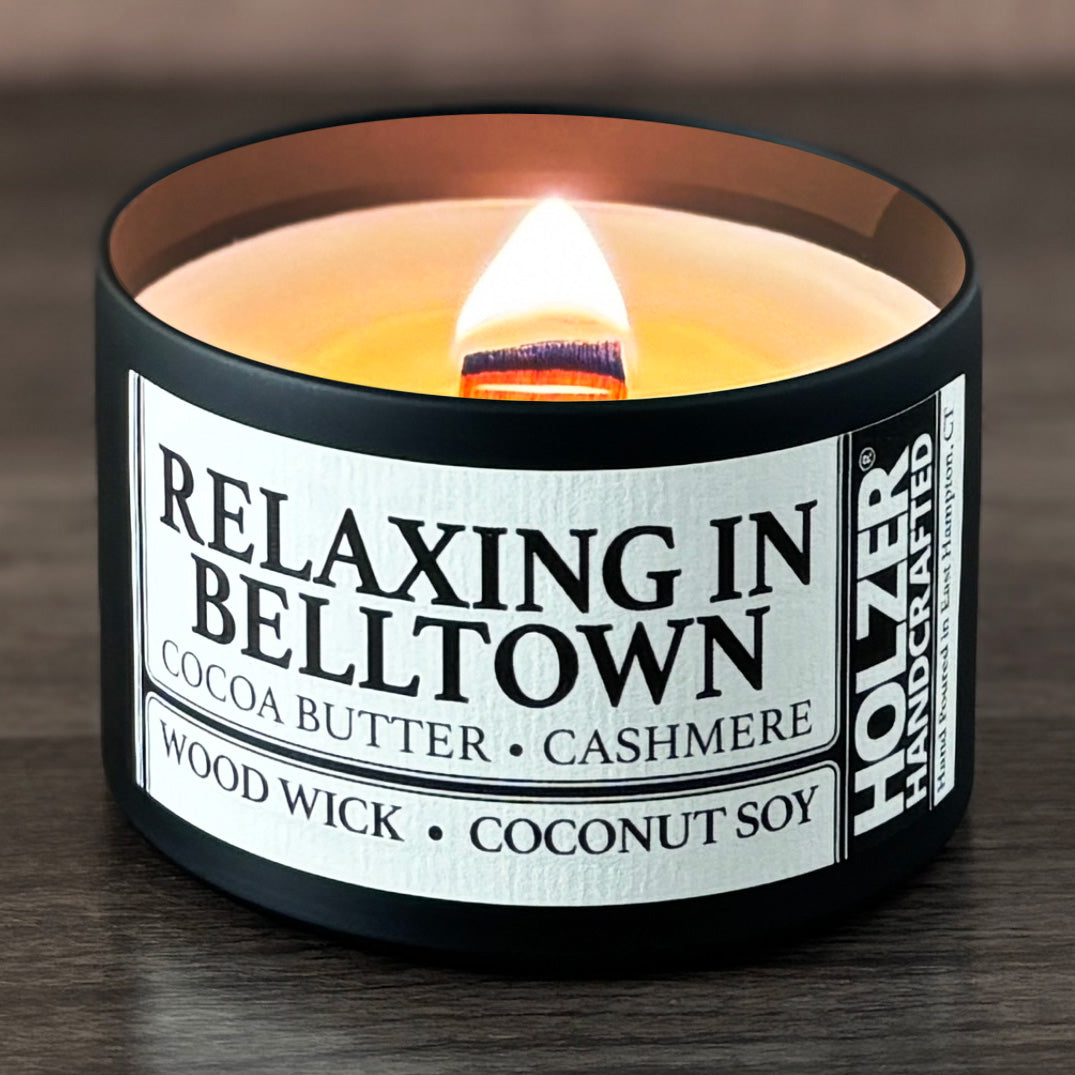Relaxing in Belltown - Cocoa Butter + Cashmere Scented Wood Wick Candle, 8oz Tin