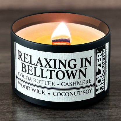 Relaxing in Belltown - Cocoa Butter + Cashmere Scented Wood Wick Candle, 8oz Tin
