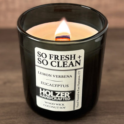 So Fresh + So Clean - Lemon Verbena + Eucalyptus Scented Wood Wick Candle, Luxury Glass Vessel with Lid