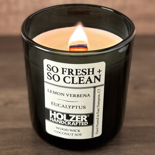 So Fresh + So Clean - Lemon Verbena + Eucalyptus Scented Wood Wick Candle, Luxury Glass Vessel with Lid