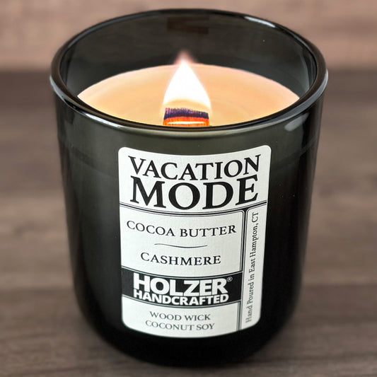 Vacation Mode - Cocoa Butter + Cashmere Scented Wood Wick Candle, Luxury Glass Vessel with Lid