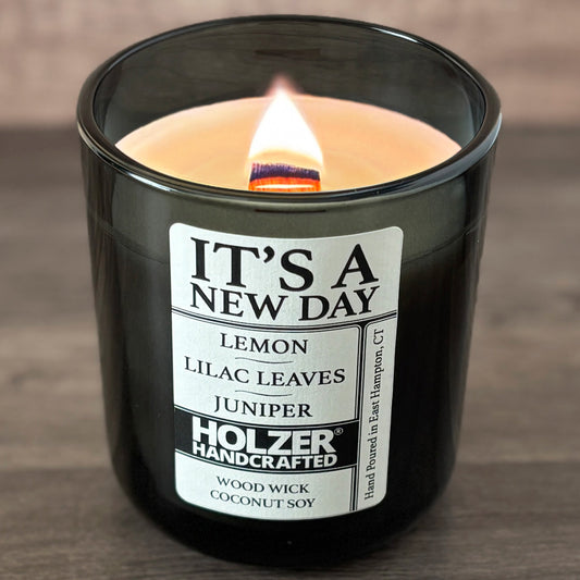 It's A New Day - Lemon + Lilac Leaves + Juniper Scented Wood Wick Candle, Luxury Glass Vessel with Lid