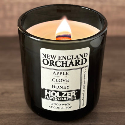 New England Orchard - Apple + Clove + Honey Scented Wood Wick Candle, Luxury Glass Vessel with Lid