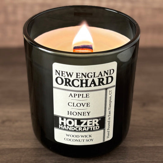 New England Orchard - Apple + Clove + Honey Scented Wood Wick Candle, Luxury Glass Vessel with Lid