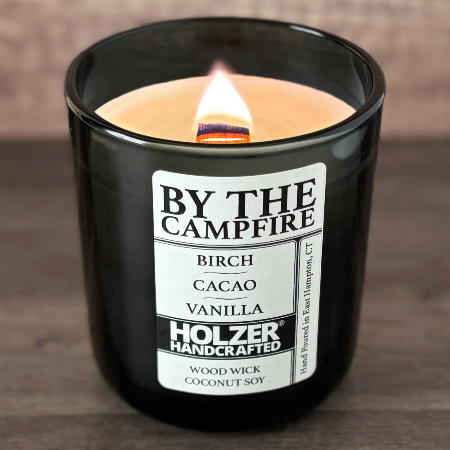 By The Campfire - Birch + Cacao + Vanilla Scented Wood Wick Candle, Luxury Glass Vessel with Lid