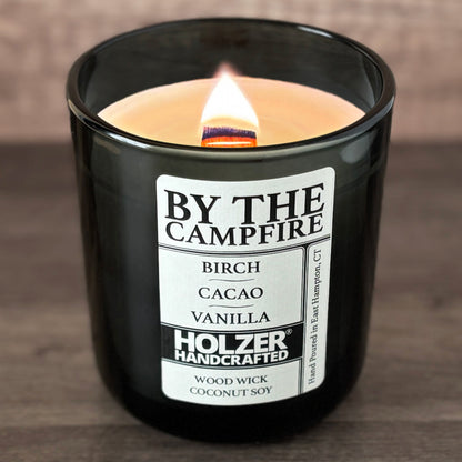 By The Campfire - Birch + Cacao + Vanilla Scented Wood Wick Candle, Luxury Glass Vessel with Lid
