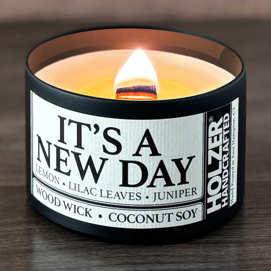 It's A New Day - Lemon + Lilac Leaves + Juniper Scented Wood Wick Candle, 8oz Tin
