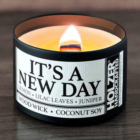 It's A New Day - Lemon + Lilac Leaves + Juniper Scented Wood Wick Candle, 8oz Tin
